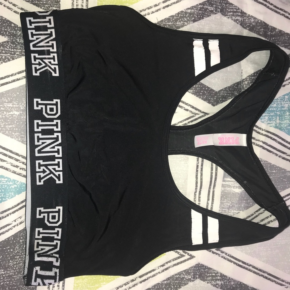 PINK Logo Black and White Striped Sports Bra
